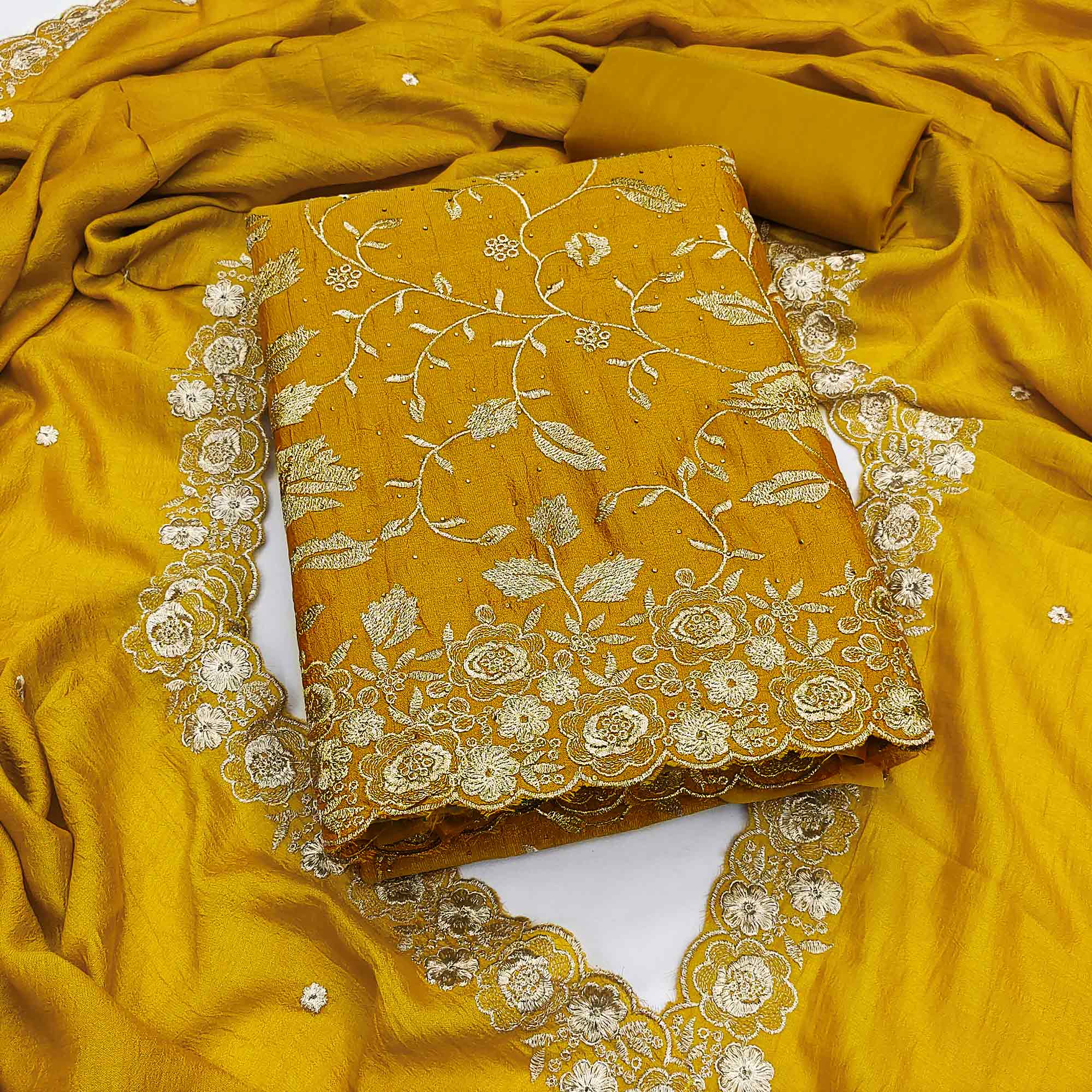 Mustard Vichitra Silk Dress Material With Delicate Floral Embroidery & Sparkling Stone Accents