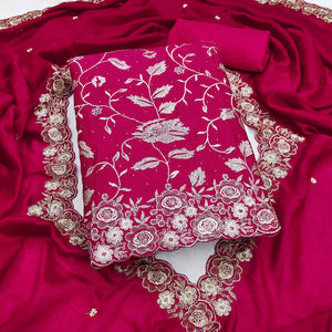 Rani Pink Vichitra Silk Dress Material With Delicate Floral Embroidery & Sparkling Stone Accents