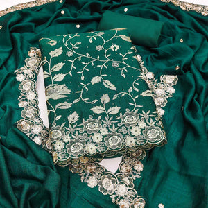 Teal Green Vichitra Silk Dress Material With Delicate Floral Embroidery & Sparkling Stone Accents