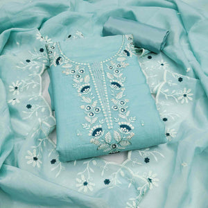 Blue Art Silk Dress Material With Graceful Floral Thread Embroidery & Sparkling Sequins