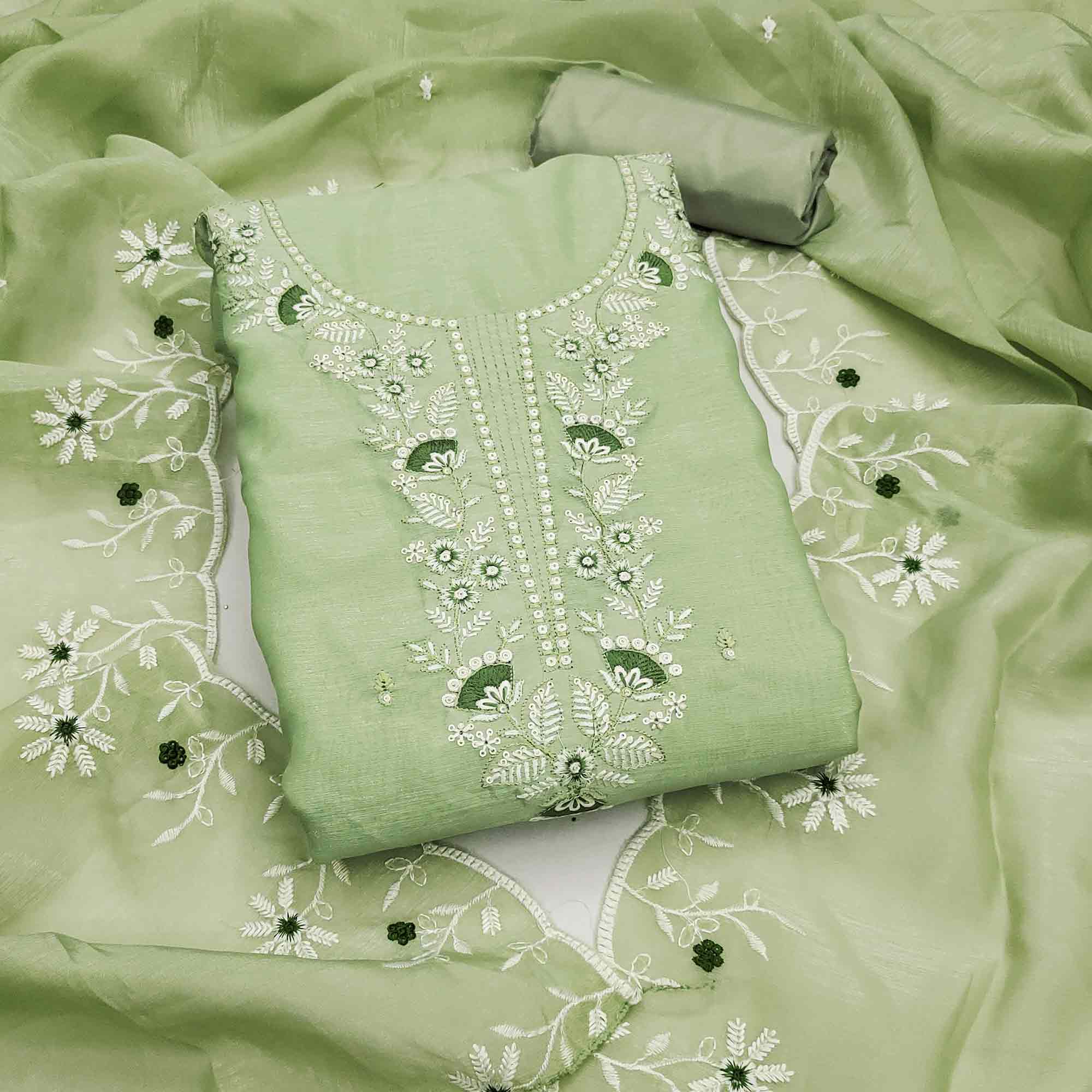 Green Art Silk Dress Material With Graceful Floral Thread Embroidery & Sparkling Sequins