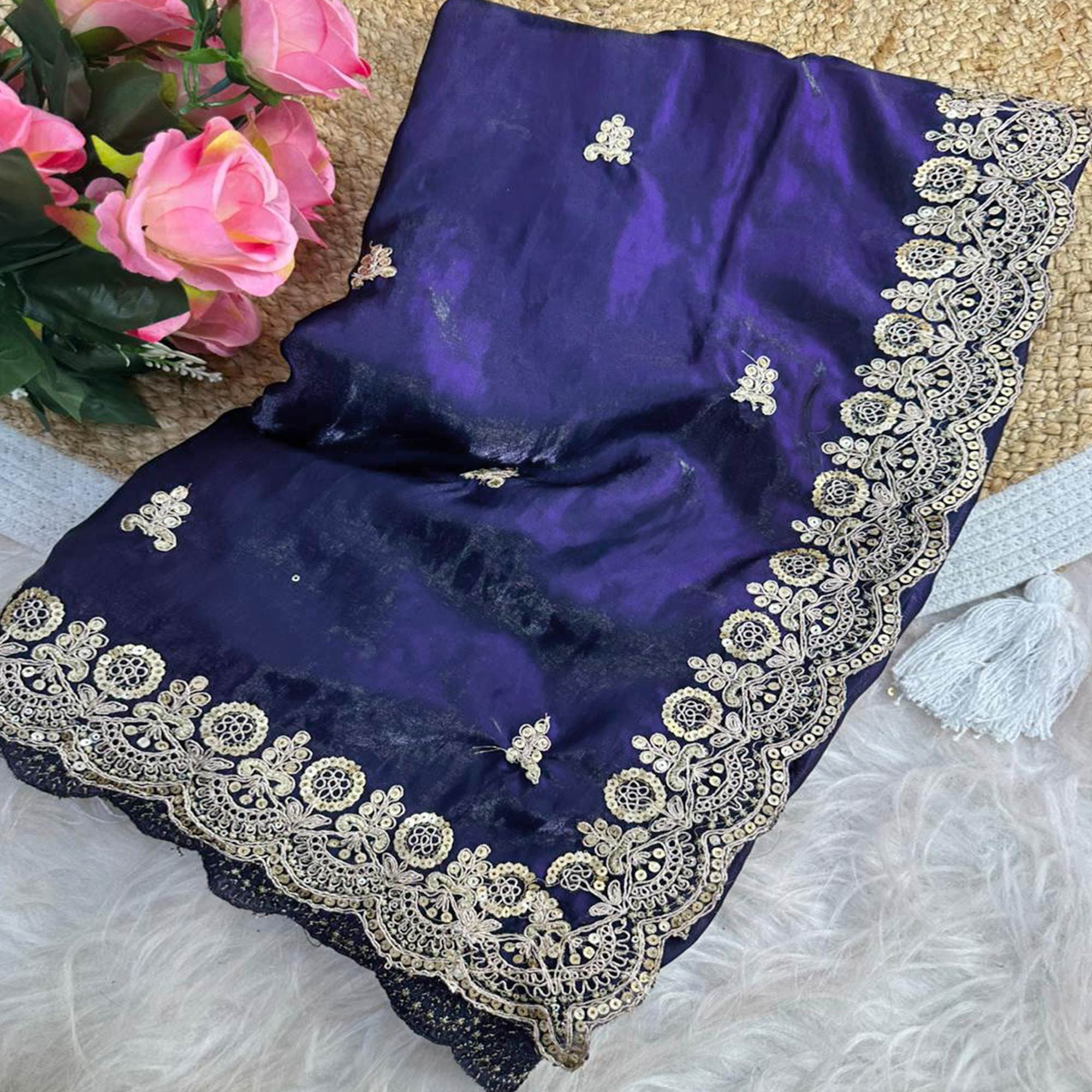 Trendy Dark Blue Fancy Satin Saree Enhanced with Rich Golden Embroidered Design