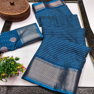 Stylish Blue Striped Print Dola Silk Saree Adorned With Textured Weaving Border