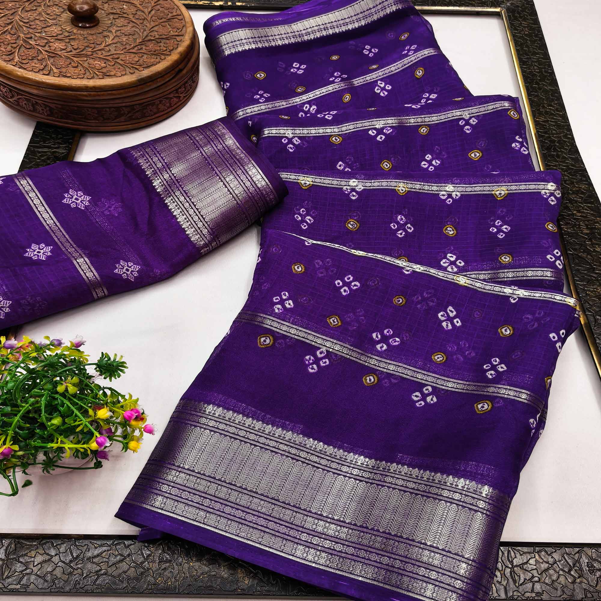 Classic Purple Art Silk Saree With Striped Weaving & Traditional Bandhani Print