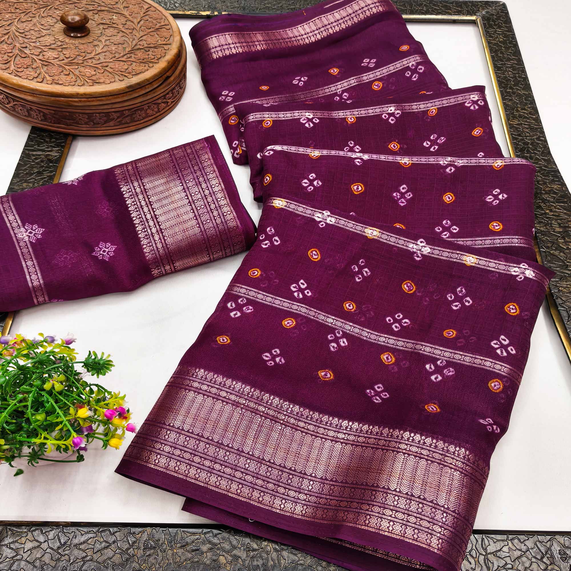 Classic Wine Art Silk Saree With Striped Weaving & Traditional Bandhani Print