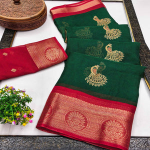 Festive Dark Green Dola Silk Saree Enhanced with Ornate Zari Weaving