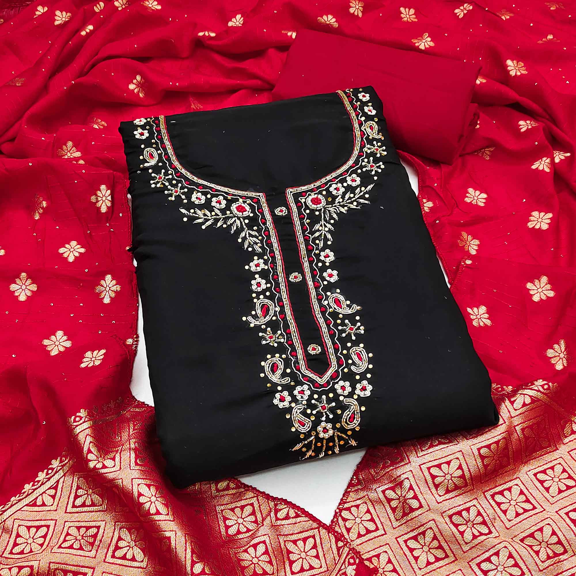 Black Chanderi Silk Dress Material Featuring Intricate Beads & Stone Embroidery