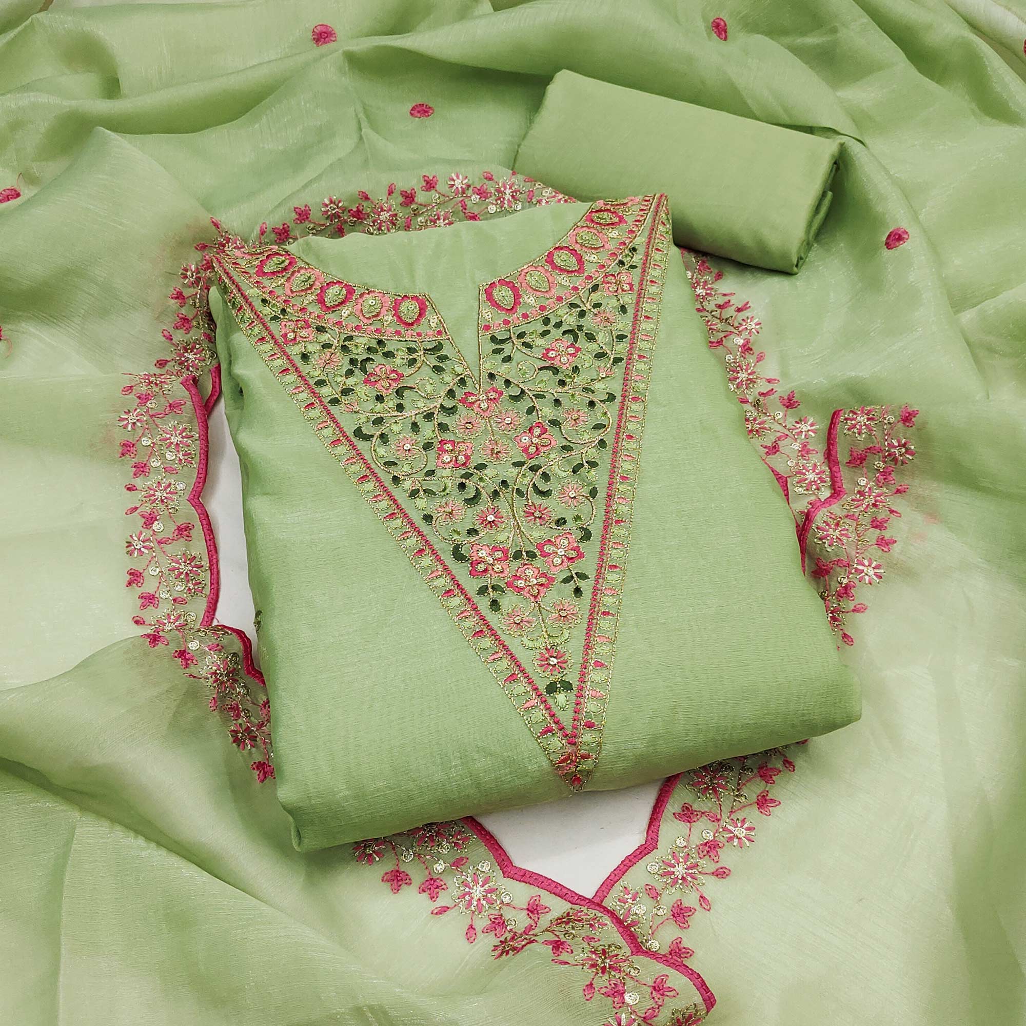 Vibrant Green Art Silk Dress Fabric with Timeless Golden Thread Embellishment
