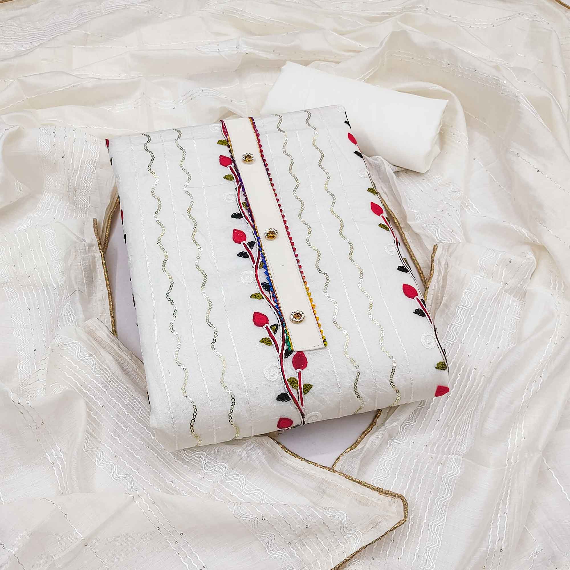 Alluring White Chanderi Silk Dress Fabric Featuring Delicate Sequins Embroidery