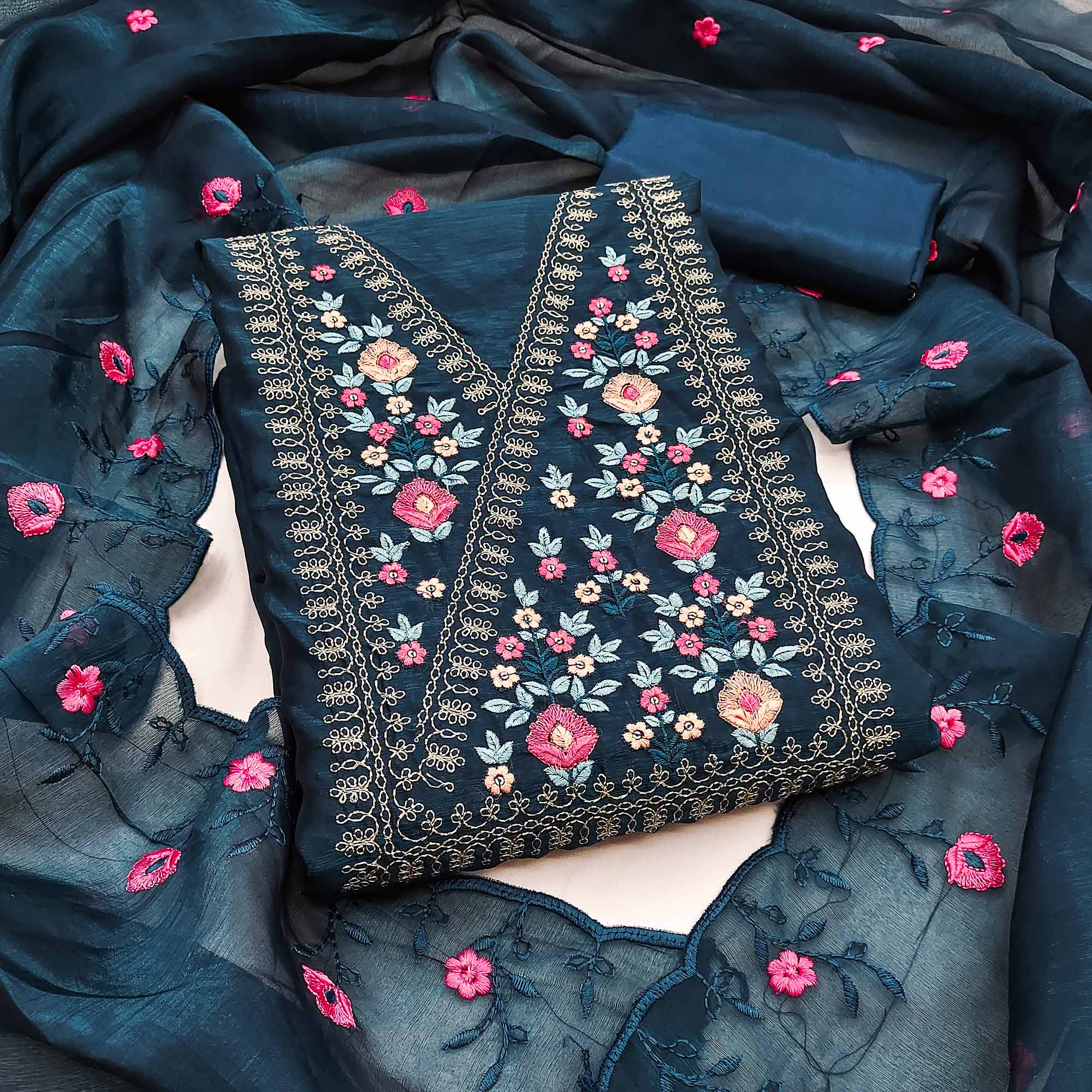 Majestic Bloom Blue Art Silk Dress Material With Exquisite Floral & Sequins Detailing