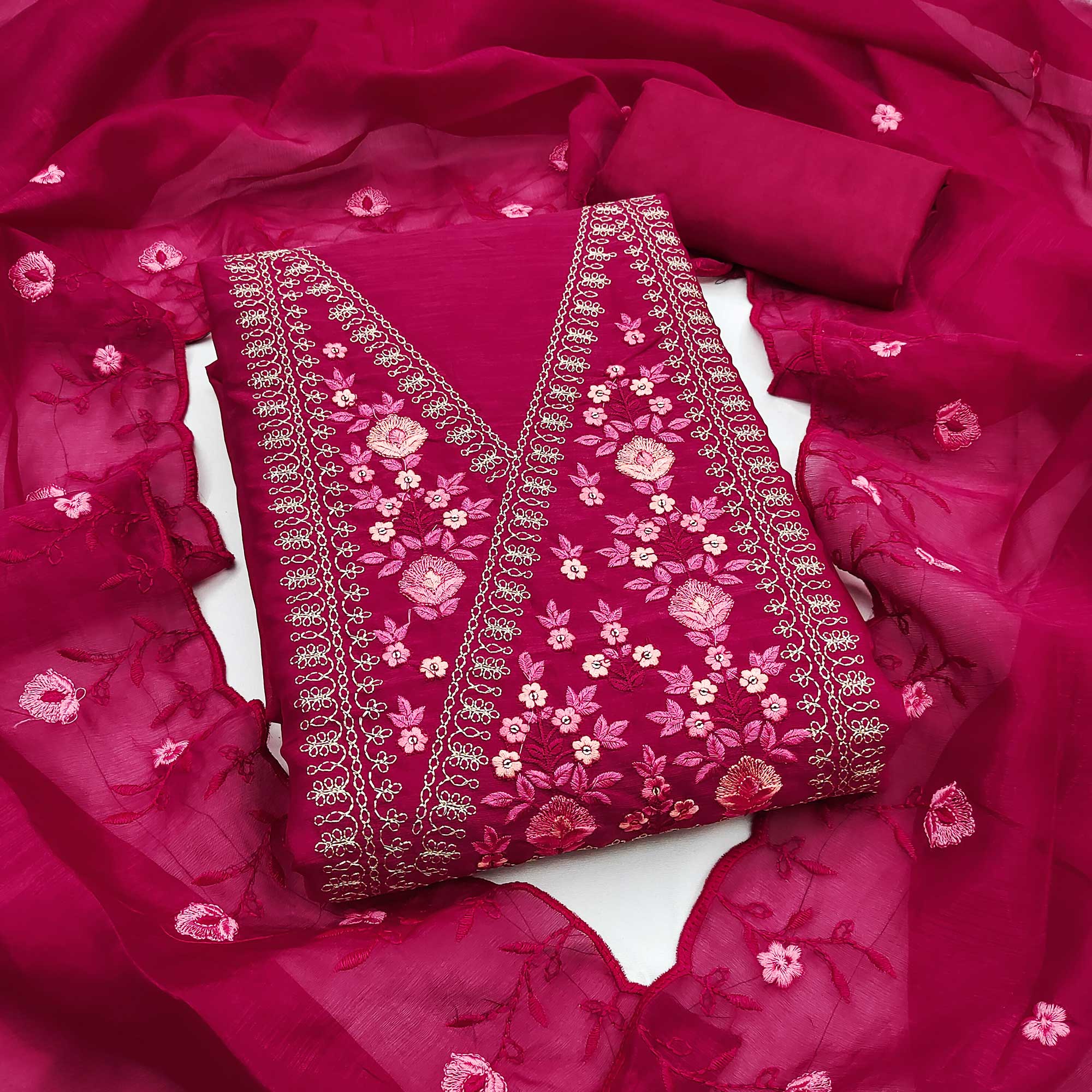 Majestic Bloom Pink Art Silk Dress Material With Exquisite Floral & Sequins Detailing