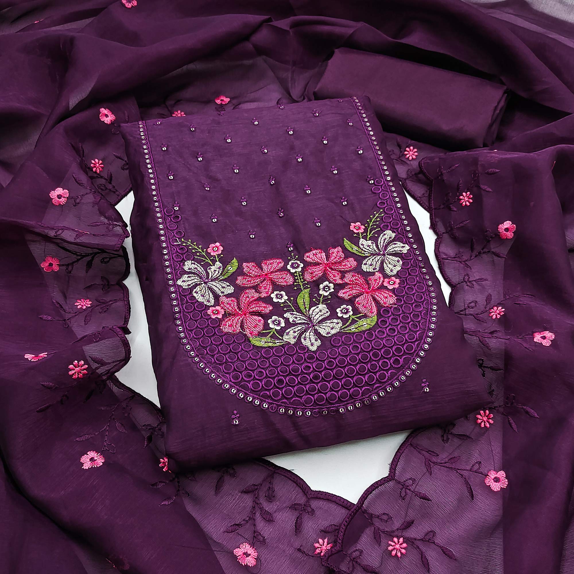 Ethereal Grace Purple Floral Embroidered & Sequins Enhanced Art Silk Dress Material