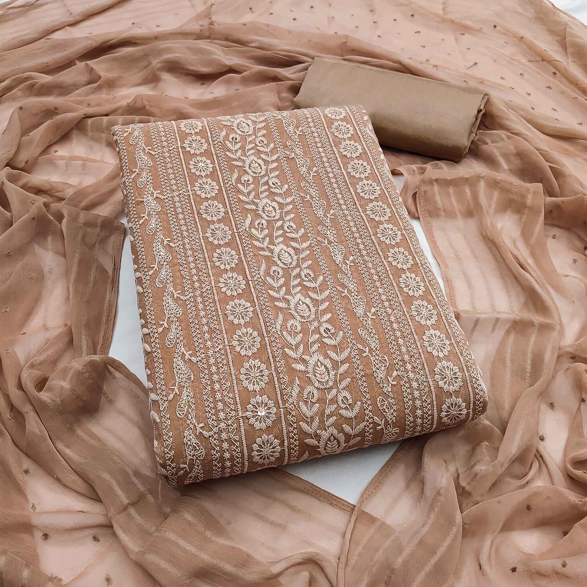 Stunning Brown Floral Embroidery With Sparkling Sequins Work Georgette Dress Material