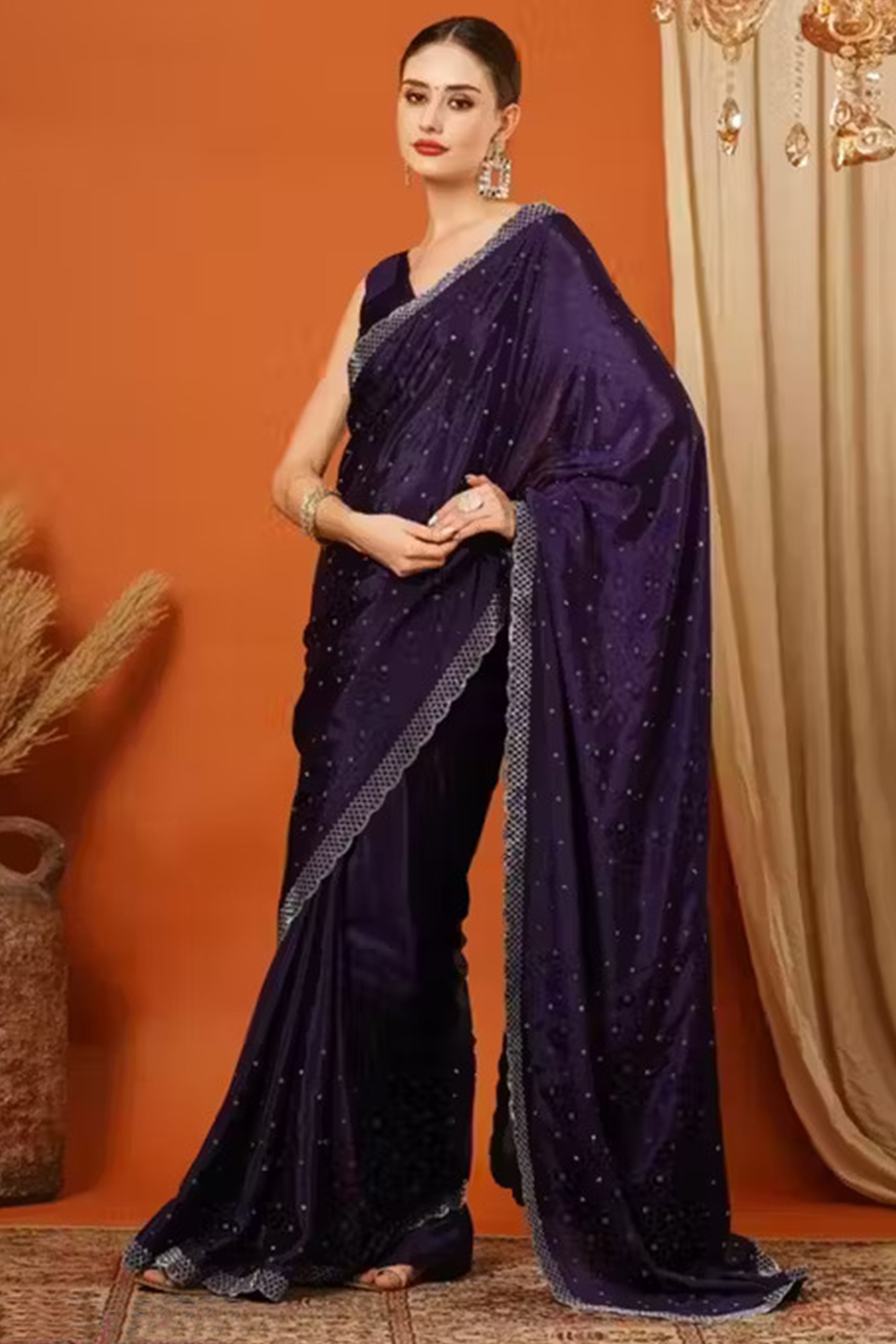 Partywear Wine Vichitra Silk Saree Highlighted with Sparkling Swarovski Stones