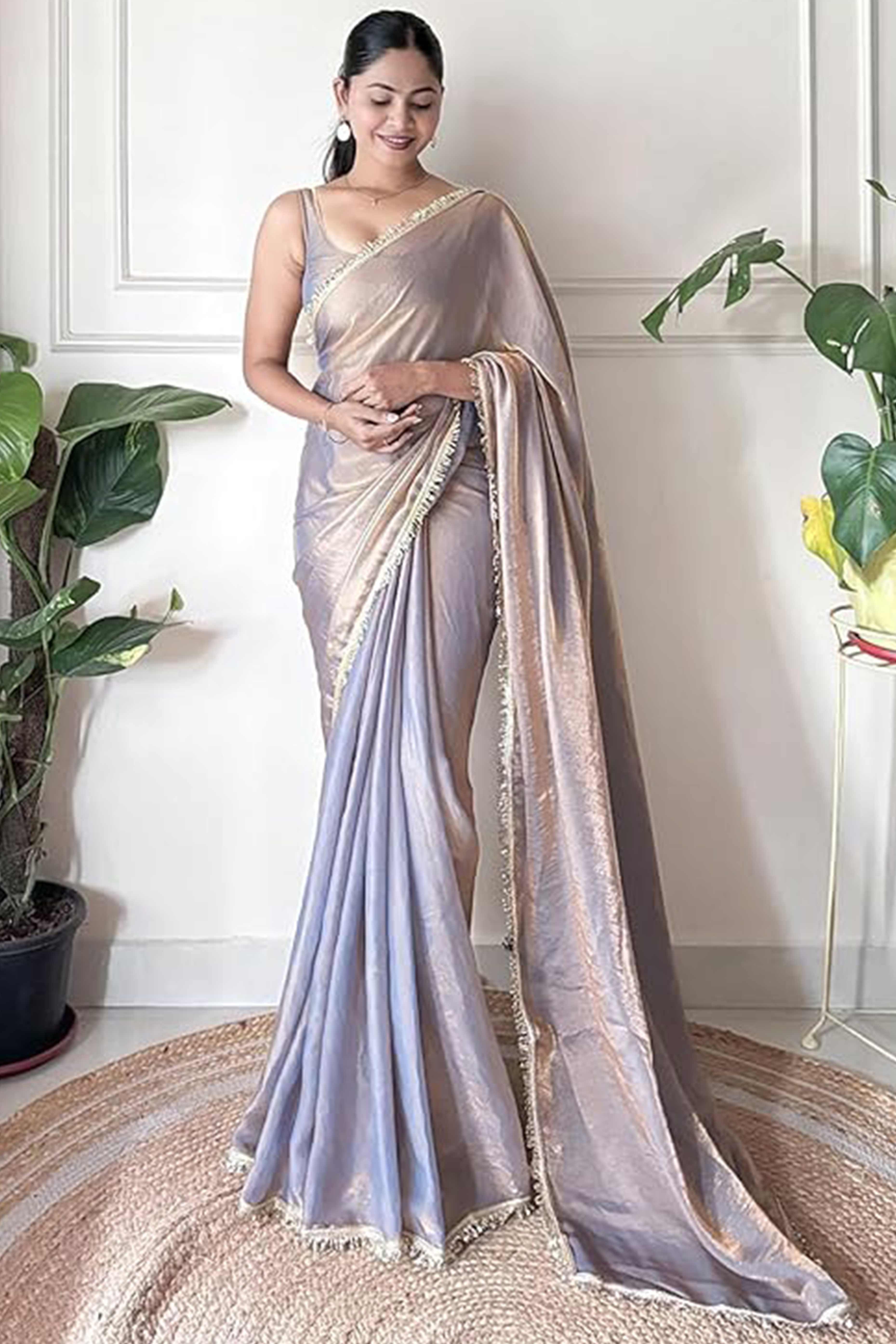 Modern Lavender Organza Satin Silk Saree With Refined Lace Border For Elegant Occasions