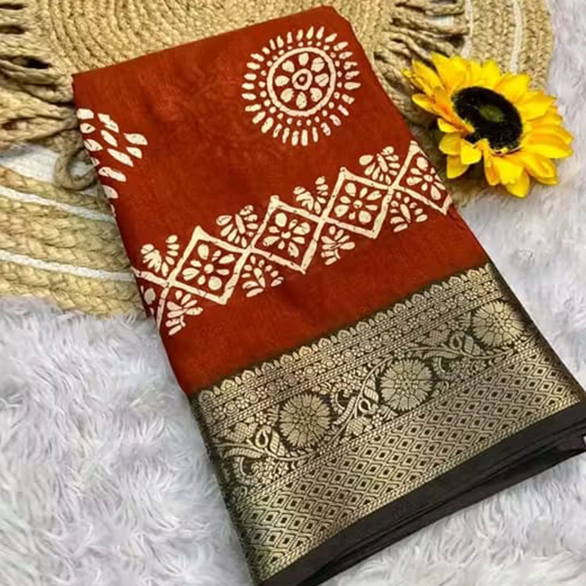 Exclusive Brown Batik Printed Saree in Soft Dola Silk Fabric with Intricate Detailing