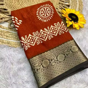 Exclusive Brown Batik Printed Saree in Soft Dola Silk Fabric with Intricate Detailing