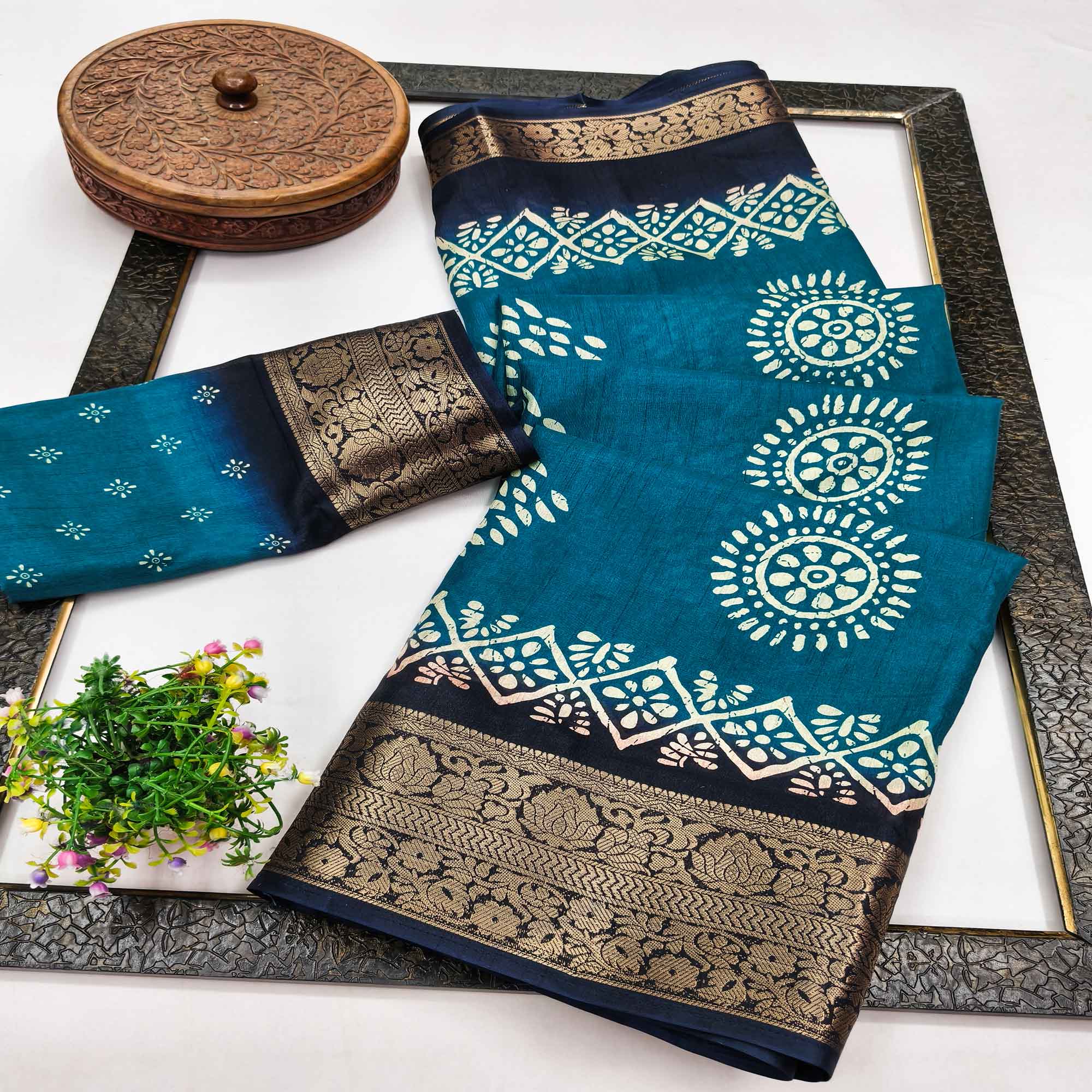 Exclusive Blue Batik Printed Saree in Soft Dola Silk Fabric with Intricate Detailing