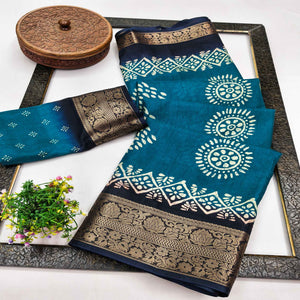 Exclusive Blue Batik Printed Saree in Soft Dola Silk Fabric with Intricate Detailing
