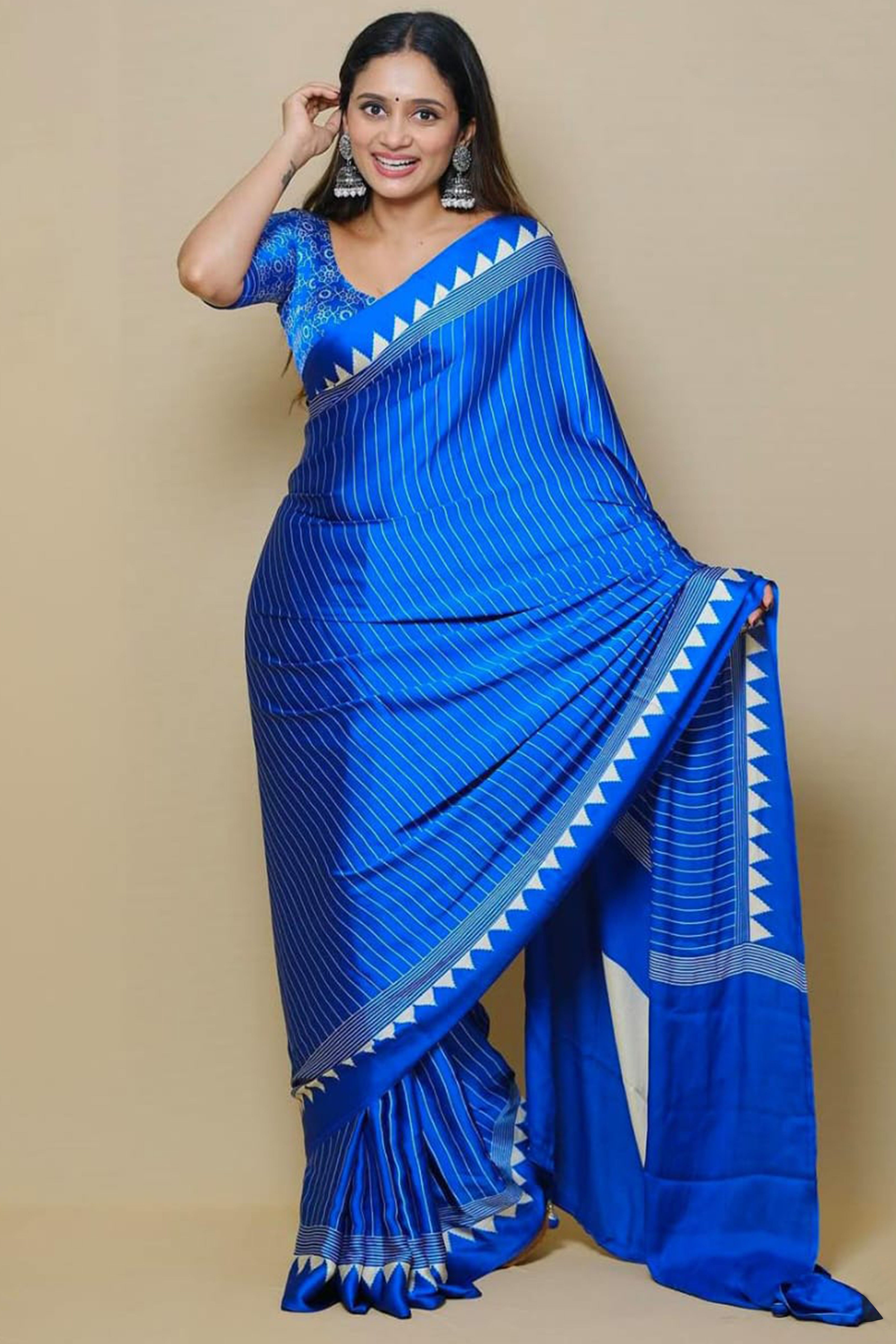 Blue Crepe Saree with Bold Striped Print and Smooth Finish for Partywear