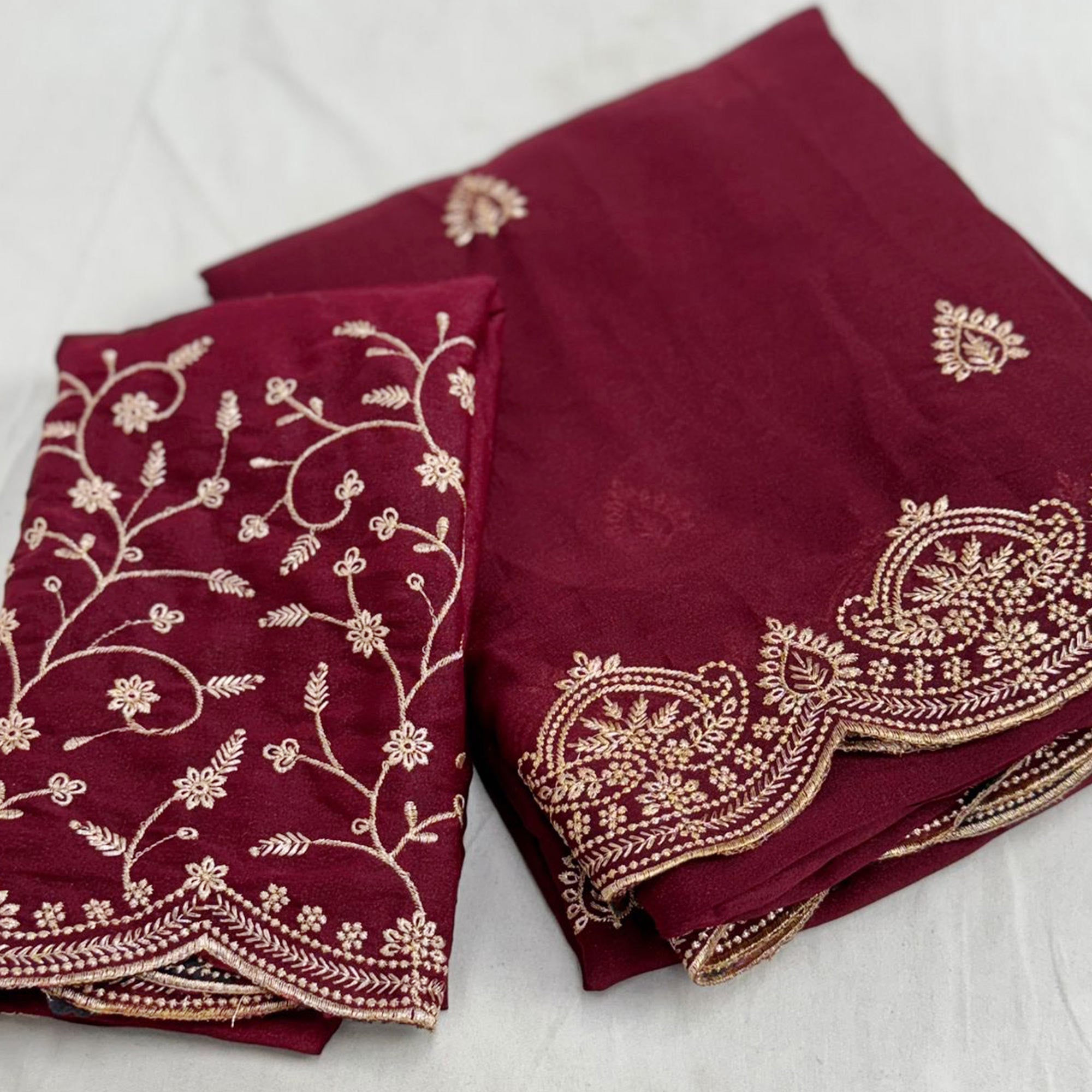 Gorgeous Maroon Floral Embroidered Georgette Saree Accented With Luxurious Zari Work
