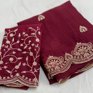 Gorgeous Maroon Floral Embroidered Georgette Saree Accented With Luxurious Zari Work