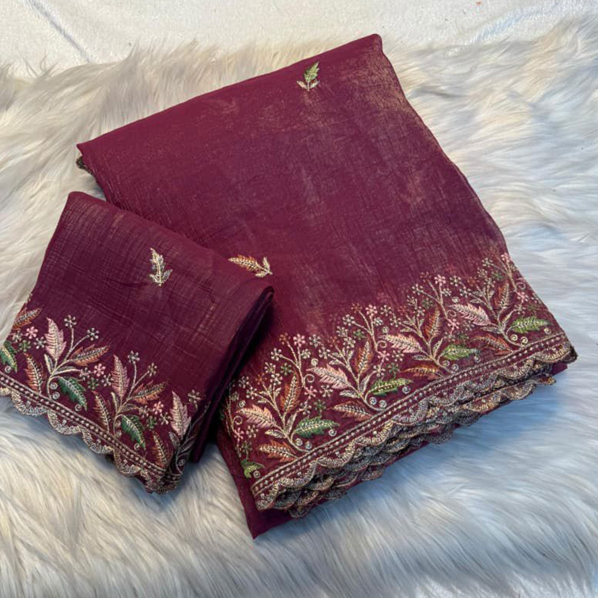 Mesmerizing Maroon Chiffon Saree Showcasing Artistic Floral Embroidery For A Luxurious Appeal