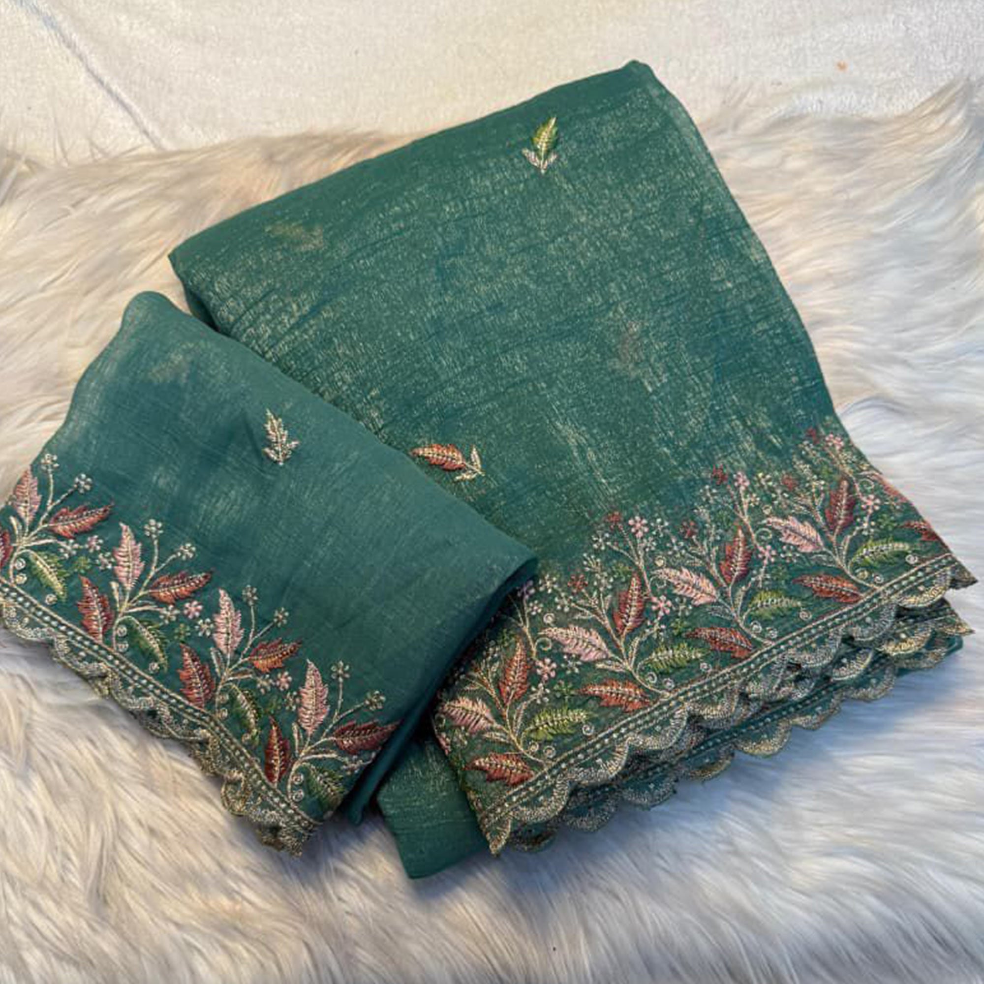 Mesmerizing Rama Green Chiffon Saree Showcasing Artistic Floral Embroidery For A Luxurious Appeal