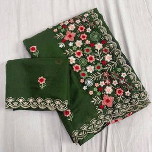 Graceful Green Georgette Saree Featuring Exquisite Floral Thread Embroidery Work