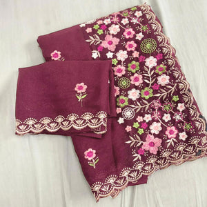Graceful Maroon Georgette Saree Featuring Exquisite Floral Thread Embroidery Work