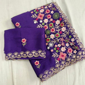 Graceful Purple Georgette Saree Featuring Exquisite Floral Thread Embroidery Work