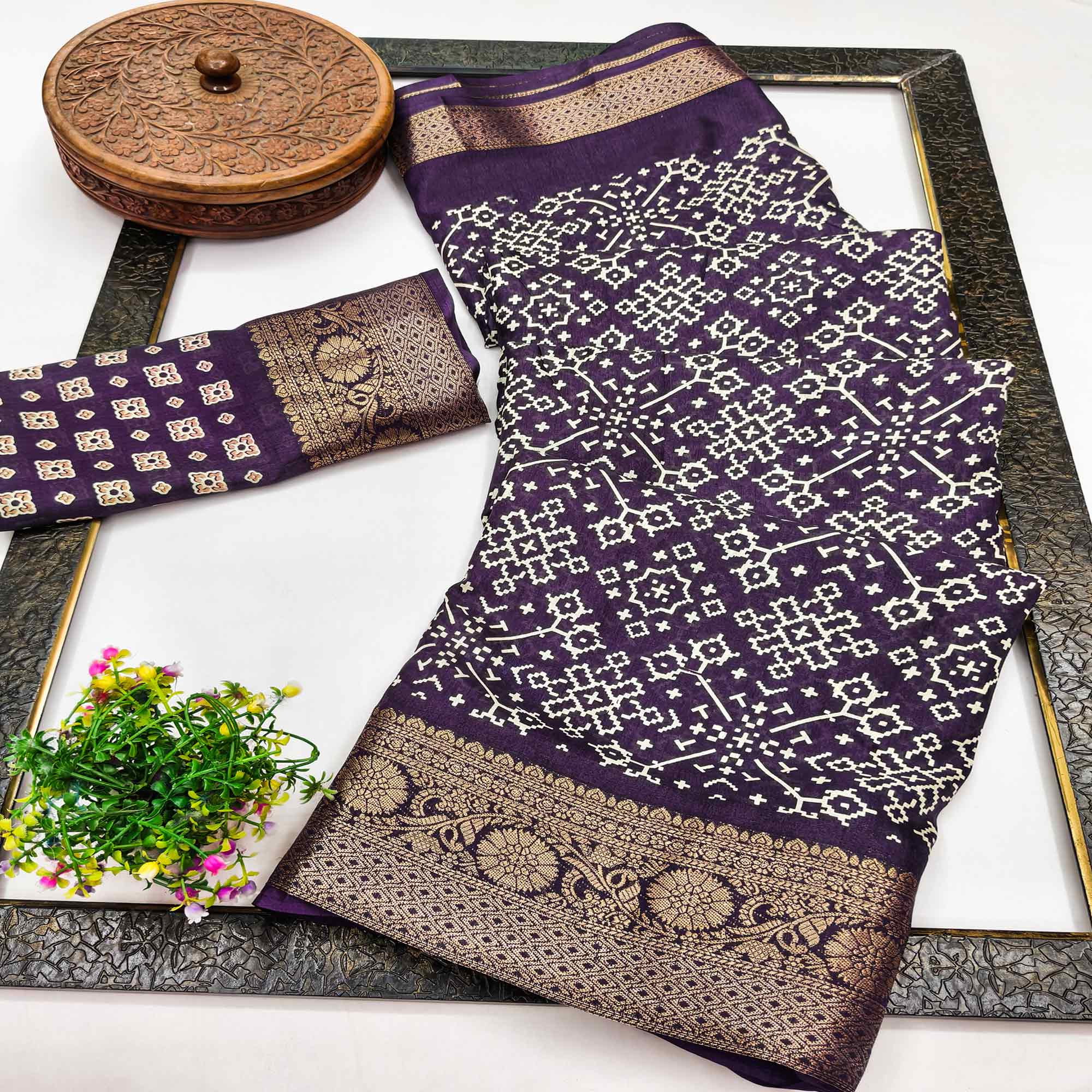 Contemporary Dark purple Geometric Mill Printed Dola Silk Saree With Ornate Floral Zari Border