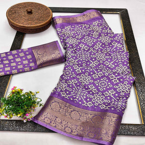 Contemporary Lavender Geometric Mill Printed Dola Silk Saree With Ornate Floral Zari Border