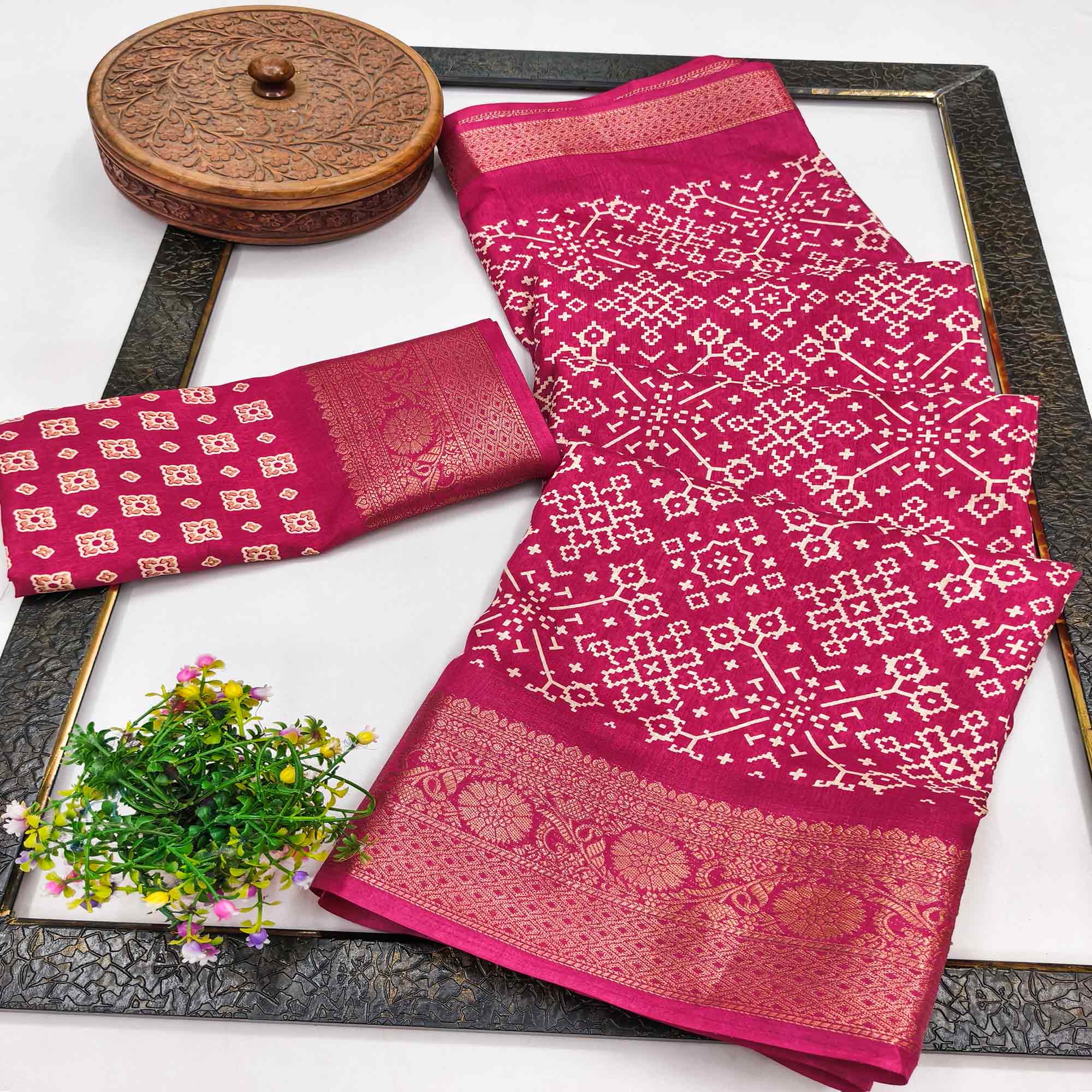Contemporary Rani Pink Geometric Mill Printed Dola Silk Saree With Ornate Floral Zari Border