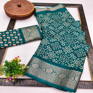 Contemporary Teal Geometric Mill Printed Dola Silk Saree With Ornate Floral Zari Border