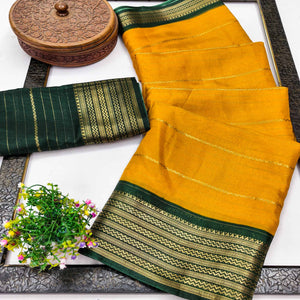 Mustard Jacquard Saree With Contemporary Striped Pattern Accented By Rich Zari Weaving