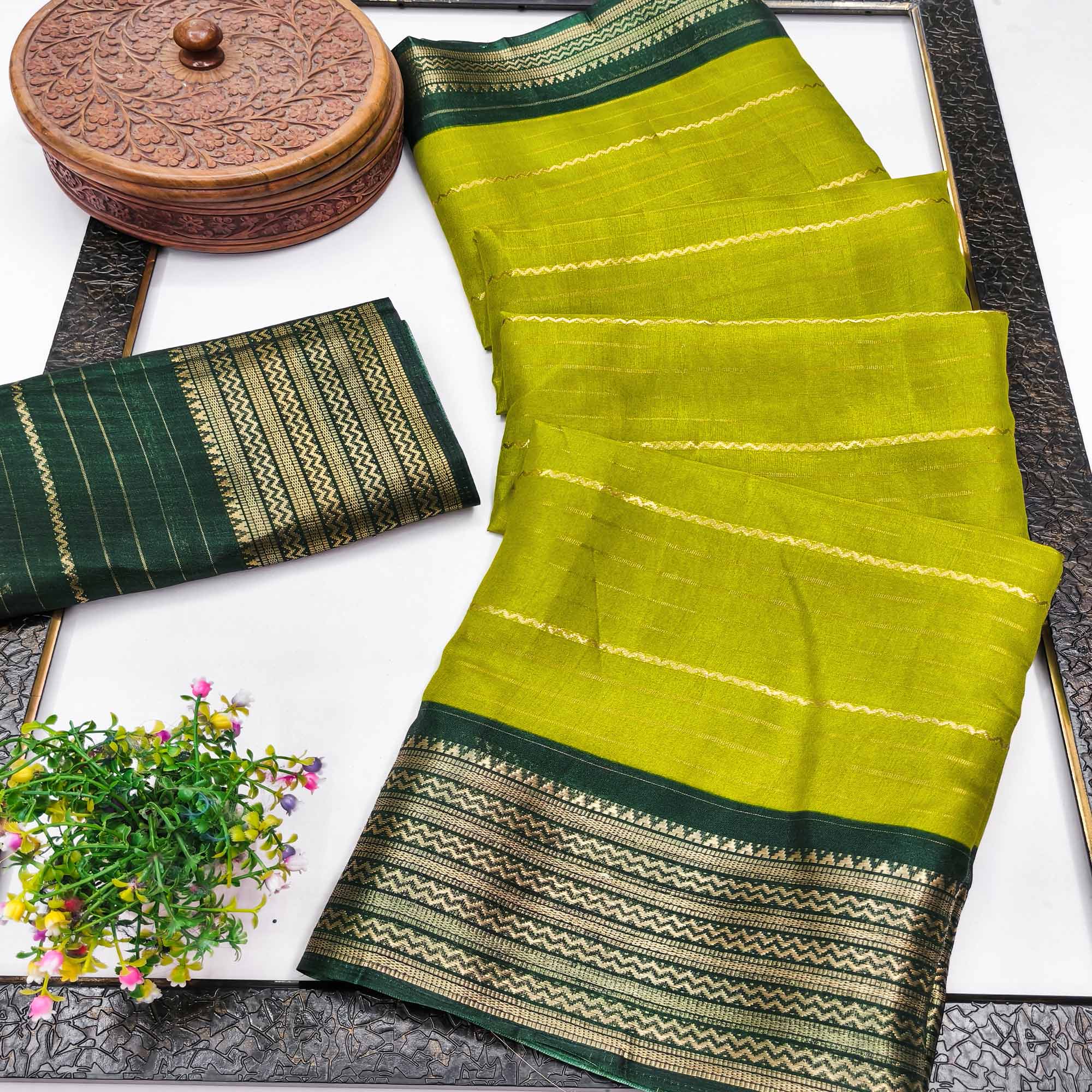 Parrot Green Jacquard Saree With Contemporary Striped Pattern Accented By Rich Zari Weaving