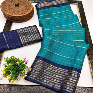 Turquoise Jacquard Saree With Contemporary Striped Pattern Accented By Rich Zari Weaving