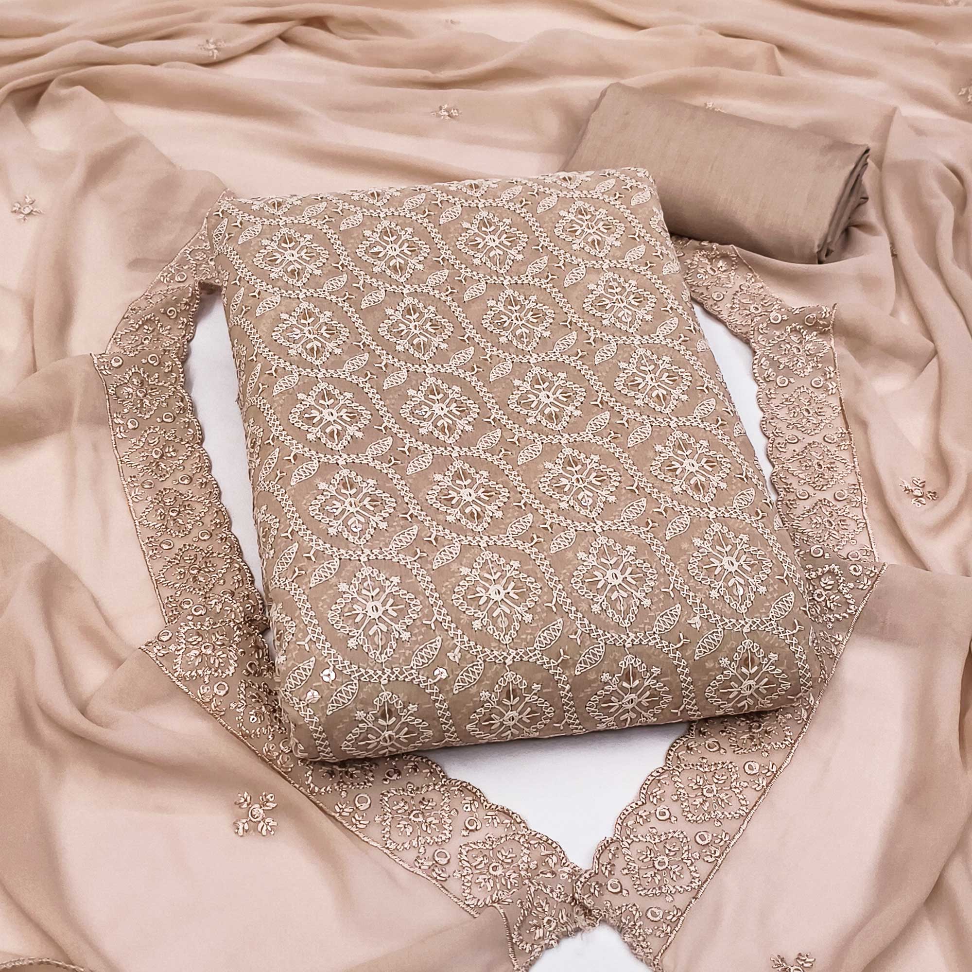 Stunning Brown Floral Embroidery With Sparkling Sequins Work Georgette Dress Material