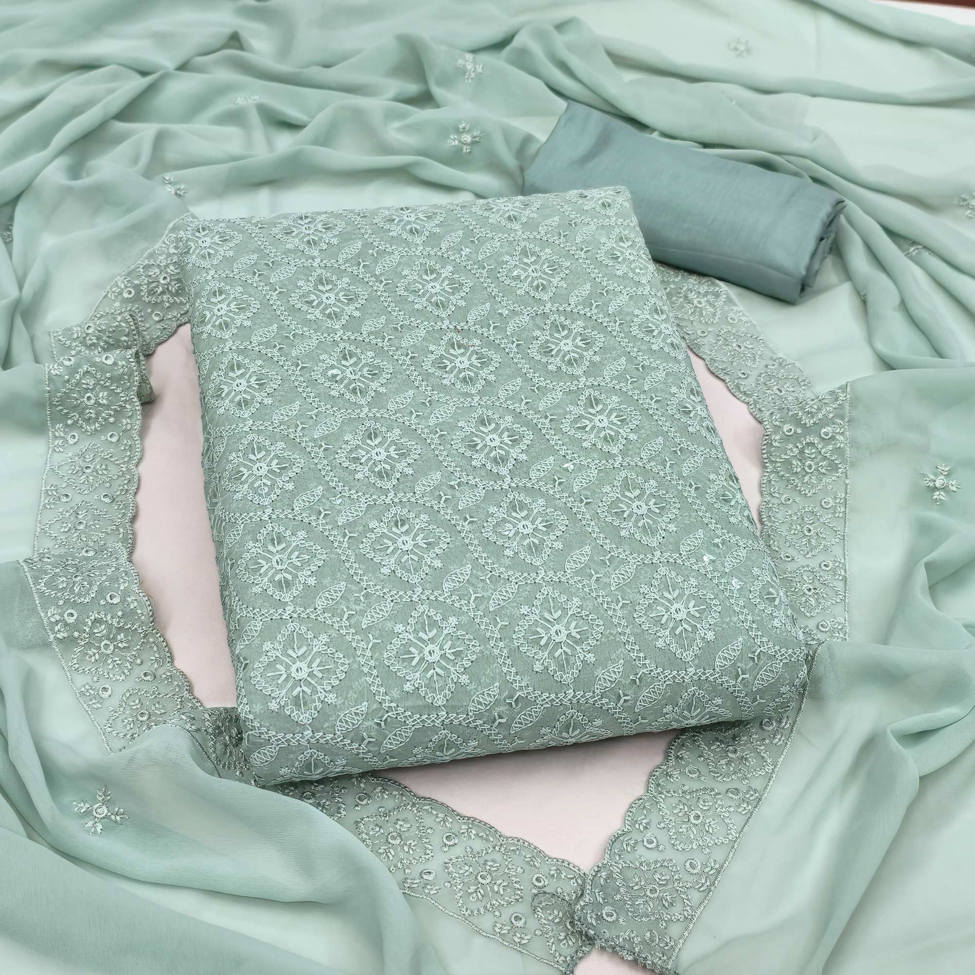 Stunning Ice Green Floral Embroidery With Sparkling Sequins Work Georgette Dress Material