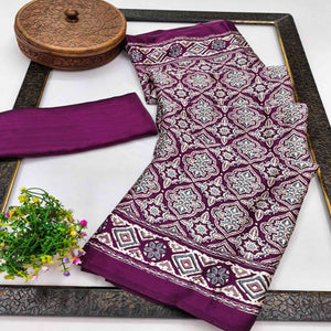 Charming Purple Mill Printed Crepe Silk Saree Adorned With Vibrant Floral Design