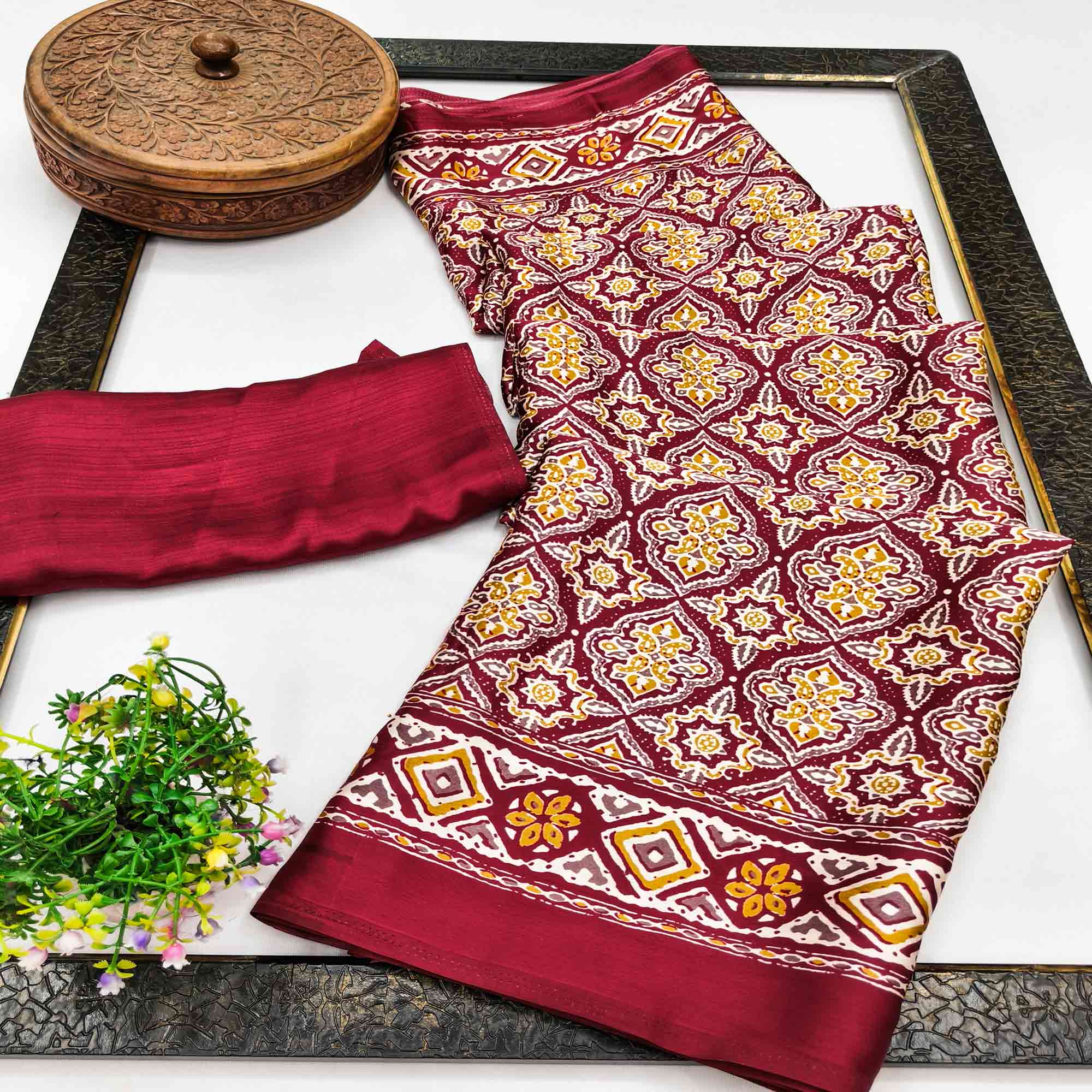 Charming Red Mill Printed Crepe Silk Saree Adorned With Vibrant Floral Design
