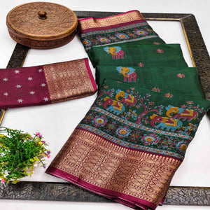 Majestic Green stard Elephant & Floral Printed Dola Silk Saree Featuring Intricate Weaving Border