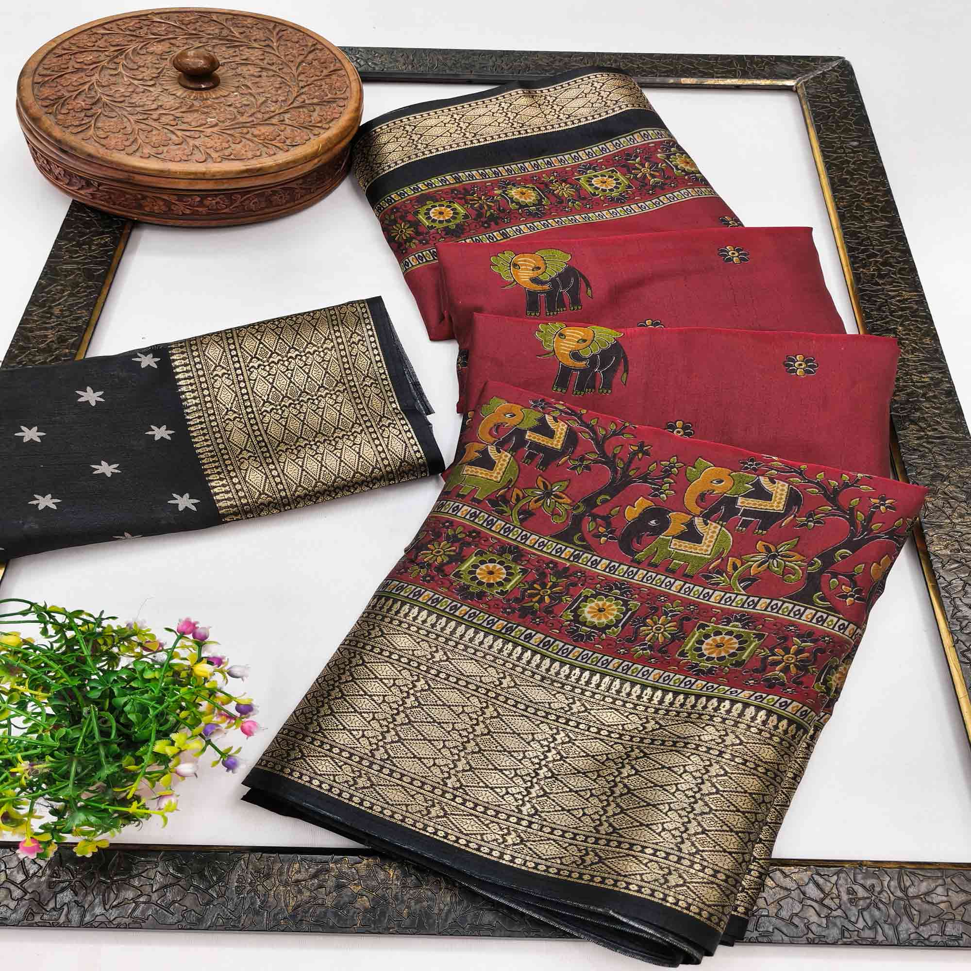 Majestic Maroon Elephant & Floral Printed Dola Silk Saree Featuring Intricate Weaving Border