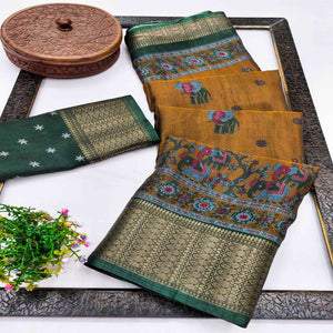 Majestic Mustard Elephant & Floral Printed Dola Silk Saree Featuring Intricate Weaving Border