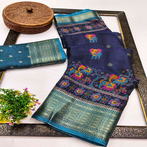 Majestic Navy Blue Elephant & Floral Printed Dola Silk Saree Featuring Intricate Weaving Border