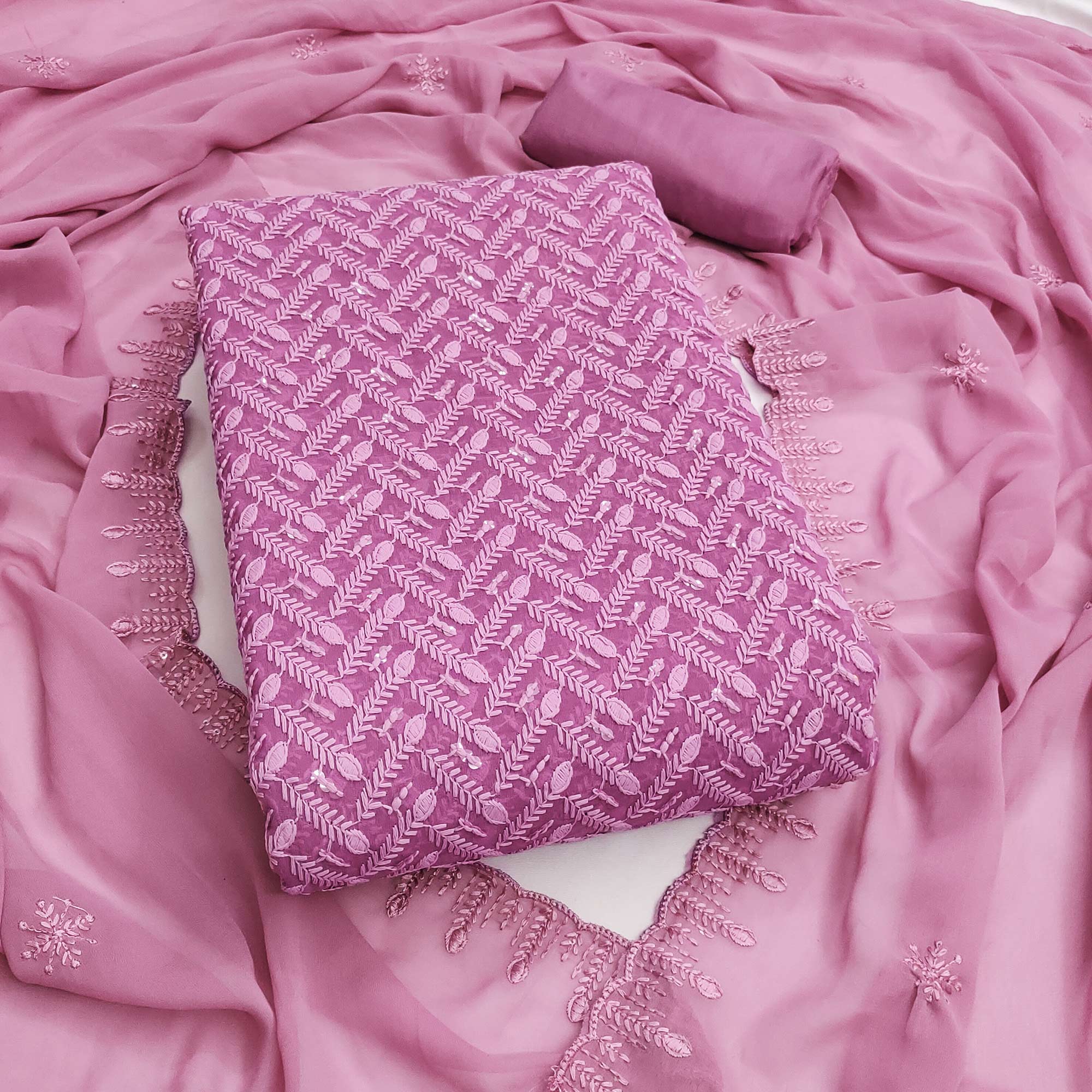 Lightweight Pink Georgette Dress Material Adorned with Beautiful Floral Embroidery