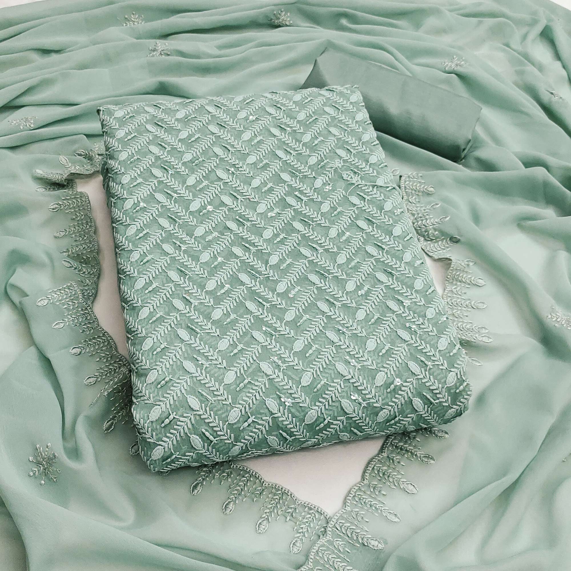 Lightweight Sage Green Georgette Dress Material Adorned with Beautiful Floral Embroidery