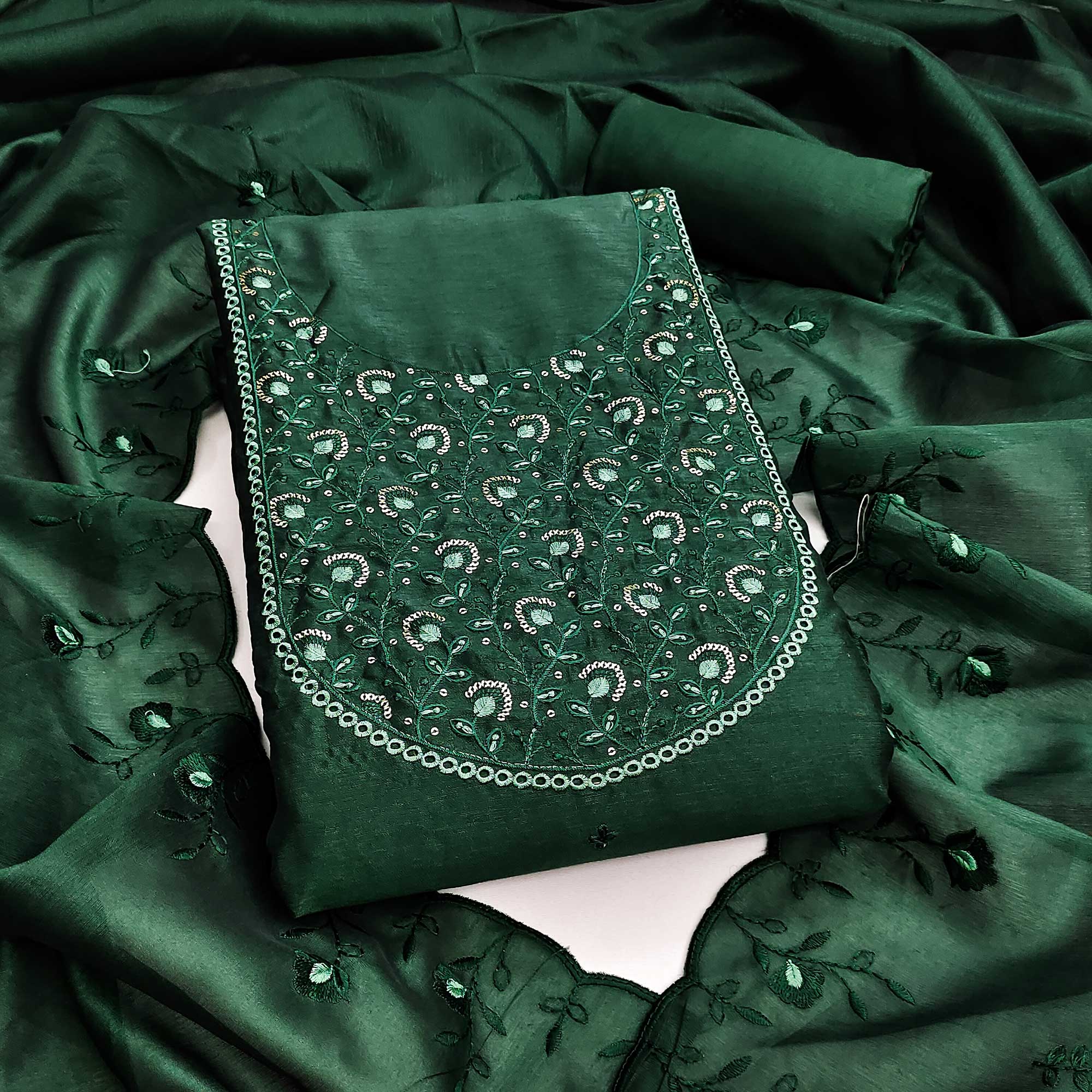 Beautiful Green Art Silk Unstitched Suit Material Decorated with Fine Floral Embroidery Work