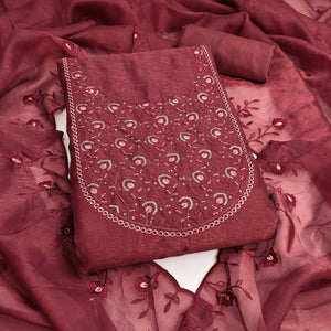 Beautiful Maroon Art Silk Unstitched Suit Material Decorated with Fine Floral Embroidery Work